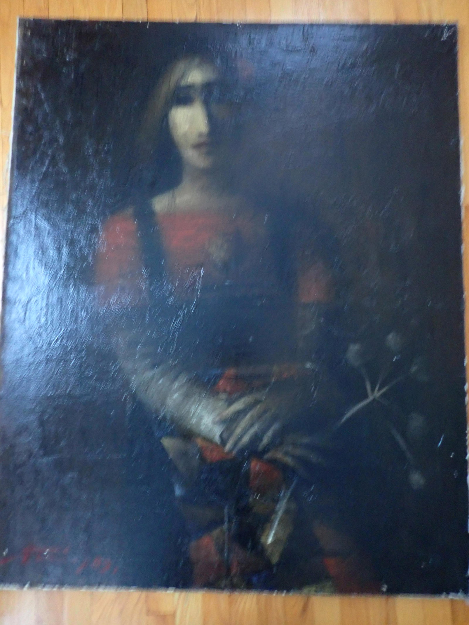 Ukrainian Artist Nikolai Prokopenko "The Enigma" Oil O/C: Ukraine. Oil on Canvas, Unframed 48" x 39". Small chipping and mark where glue was affixed. See photos for condition and details. Local pick-up available on February 4th or 3rd party shipping availabl