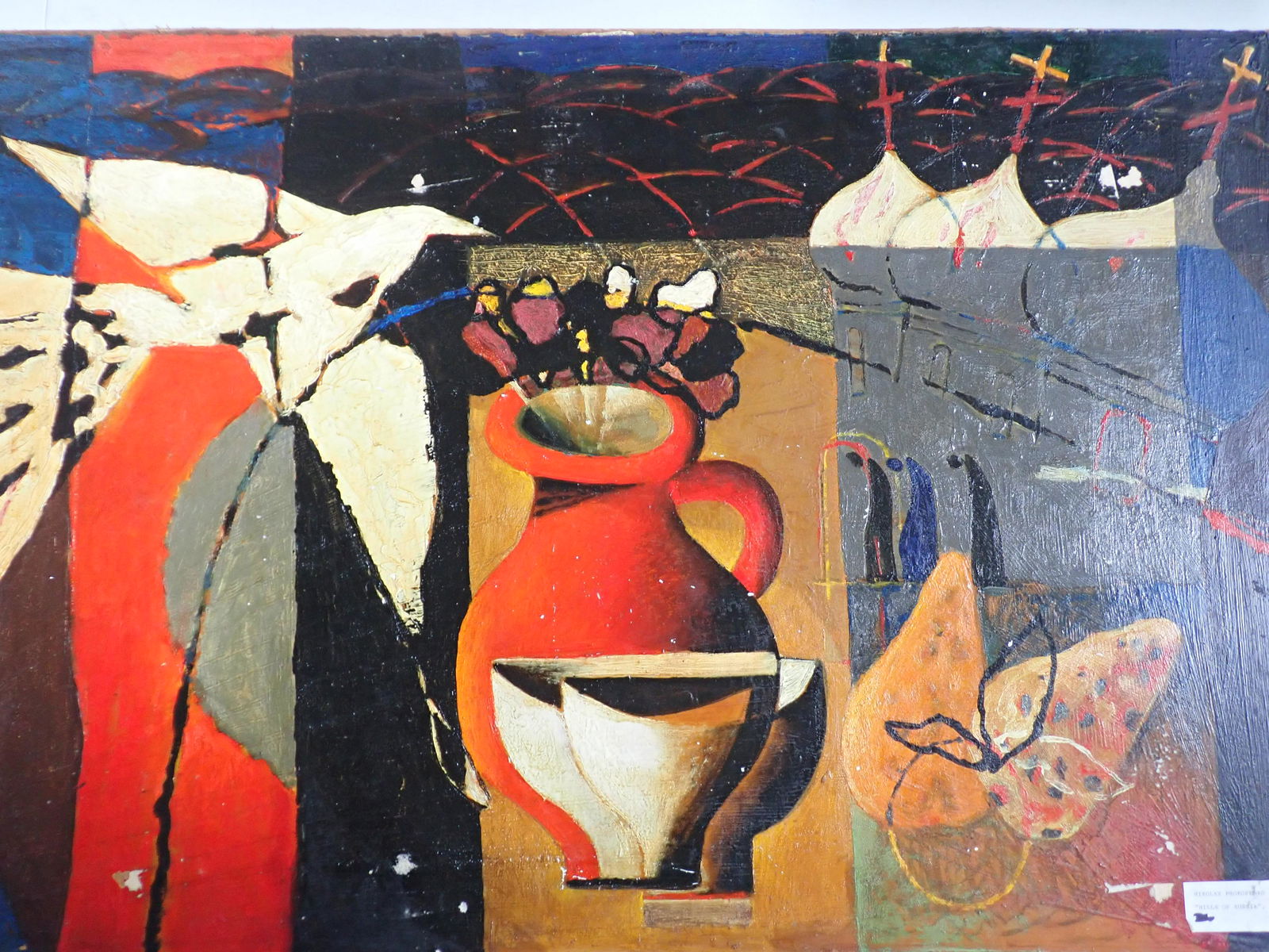 Ukrainian Artist Nikolay Prokopenko "Hills of Russia" Oil on: Artist Board. 25" x 37 1/2". Label on lower right corner, a few areas with paint loss, approx. 1". Staining on lower back, corner is chipped. See photos for condition and details. Local pick-up availa