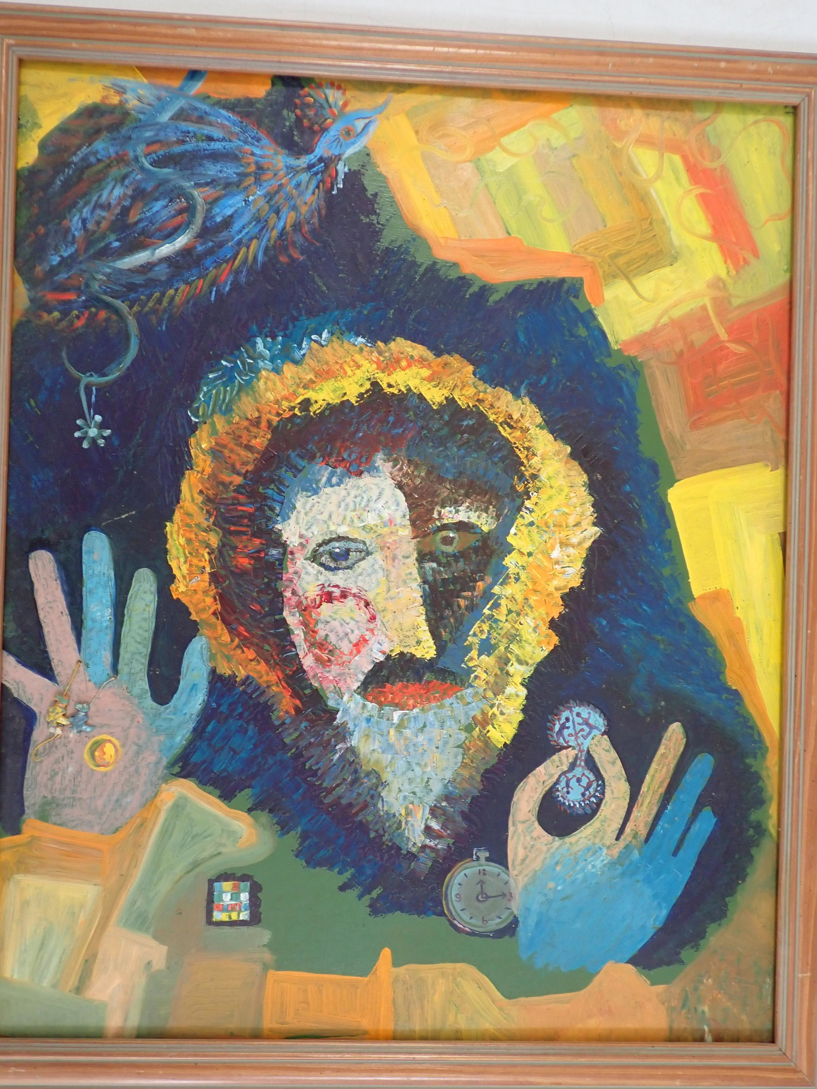 Abstract of Man with Clock Acrylic Painting: Acrylic Painting, Abstract of Man with Clock & Plastic Dinosaur Figures on String. Unknown Ukrainian Artist. Art: 24" x 19 1/2". Frame: 26" x 21 1/2". See photos for condition and details. Local pick-