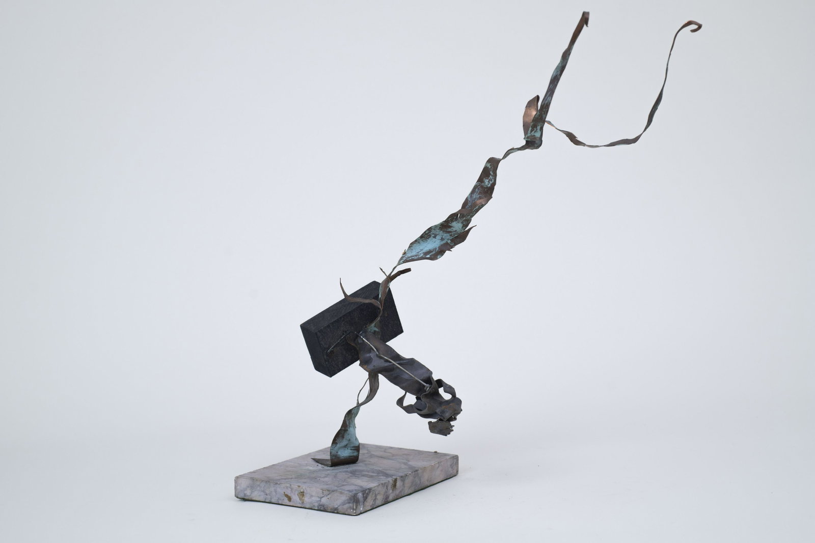 "Singer" Unsigned (Welch or Mahler) 1960's - 70's: Copper, Lead, Stone, Wood - 8" x 18" x 20". From Lubec, Maine estate. See photos for condition and details. Local pick-up available on February 4th or 3rd party shipping available. Please see terms
