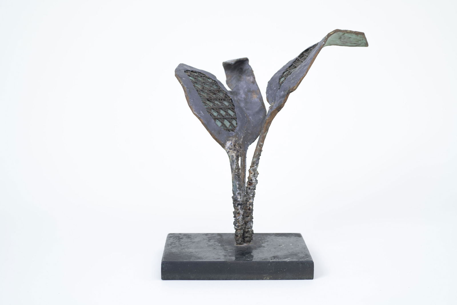 Leaf Form Unsigned (Mahler)? 1960's - 70's: Copper, Brass, Granite - 12" x 9" x 13". From Lubec, Maine estate. See photos for condition and details. Local pick-up available on February 4th or 3rd party shipping available. Please see terms