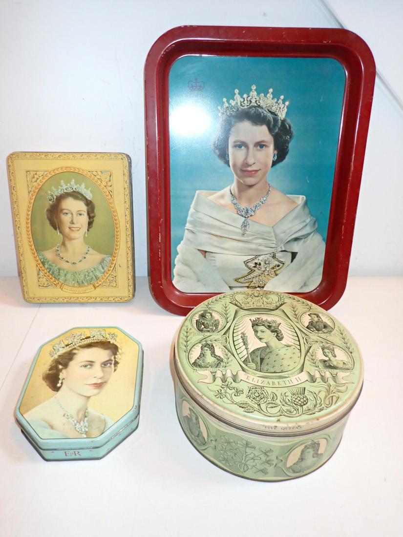 4 Queen Elizabeth Tins, Tray and Other Round Tin: Queen Elizabeth 1953 E II R Tray. Photo by Kersh. Slight wear but overall good condition 16" x 12", Souvenir of the Coronation of H.M. Queen Elizabeth II 2nd June 1953 Tin 9" x 7", 8 Sided Queen Eliza