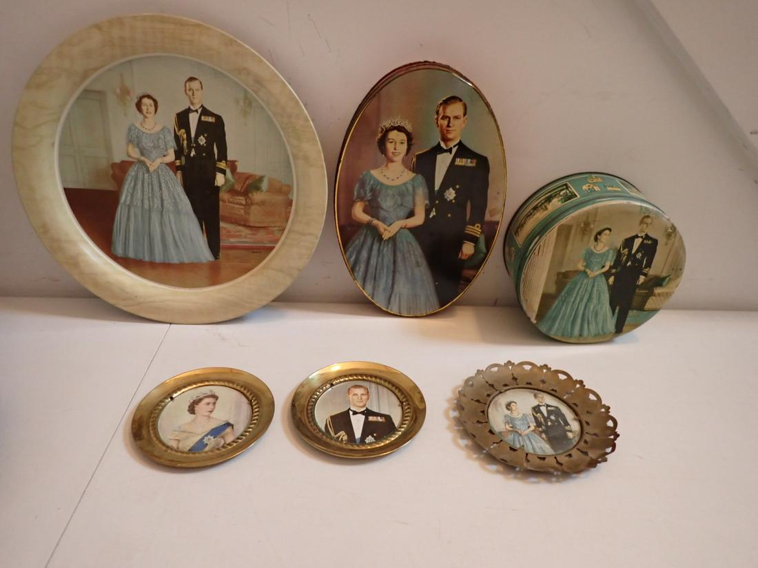 Queen Elizabeth & Duke of Edinburgh Royalty Tins & Trays: 13" Diameter Tray, 11" x 7 1/4" Oval Tin "A Souvenir of The Coronation of HM Queen Elizabeth II 1953, 7" Diameter x 3 1/4" High Huntly & Palmers Tin, 6" Diameter Tray with Butterfly Design, (2) 5 1/8"