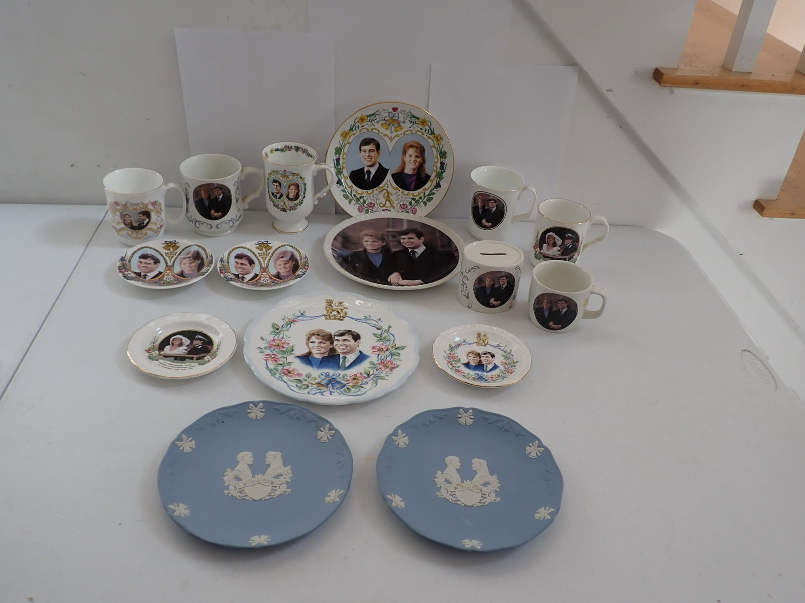Royal Family Prince Andrew & Sarah Ferguson & Oher Royal China: Royal Family Prince Andrew and Sarah Ferguson Wedgewood, Coalport, Royal Albert, Bank, etc. Wedding July 3, 1986 Commemorative Pieces (2) 7 1/4" Wedgewood Plates, Royal Albert 8 1/4" Plate and 4 3/4" 