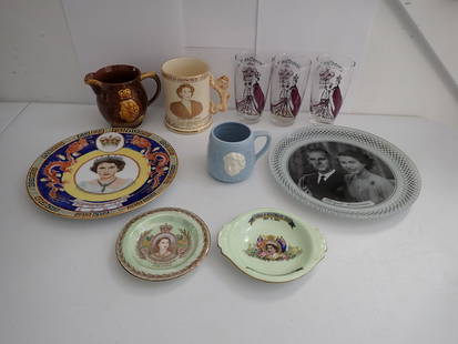 Queen Elizabeth Coronation and Other Royal China: Queen Elizabeth Coronation June 2, 1953 & Other Royal Pieces. (3) 5/8" Purple & Black Tumblers, KSP England 3" Mug Embossed, Arthur Wood with Lion Handle 4 3/4" Tankard, Dartmouth Pottery Pitcher Appr