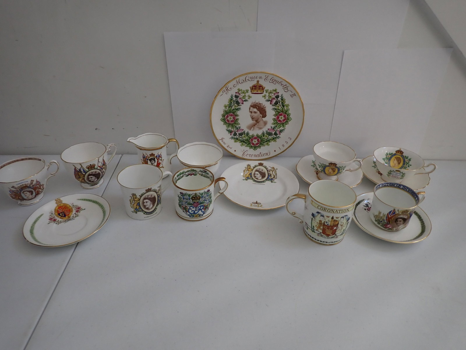 Queen Elizabeth Coronation and Other Royal China: Queen Elizabeth Coronation June 2, 1953 Cups and Saucers, Creamer & Sugar & Mugs & Tuscan Plate. 8" Tuscan Fine Bone China Plate, 6 1/2" Royal Grafton Plate, 2 Rosina Cups and Saucers, Aynsley Cup and