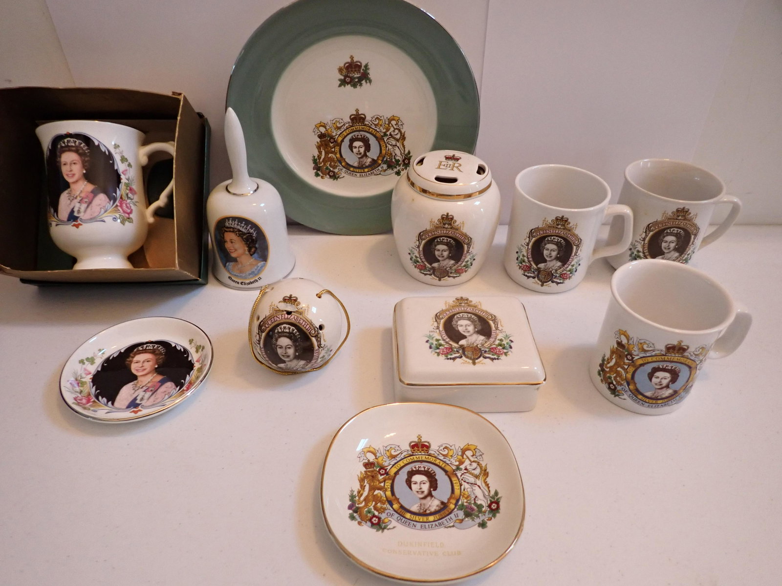 Queen Elizabeth Silver Jubilee and Other Royal China: Queen Elizabeth Silver Jubilee 1952-1977 Lord Nelson Pottery 4" Covered Trinket Box and Pot Pourri 4", 3 Mugs, 9" Plate, Weatherbly Dunkinfield Conservative Club 5" Plate, 4" Pin Dish Staffordshire, 6