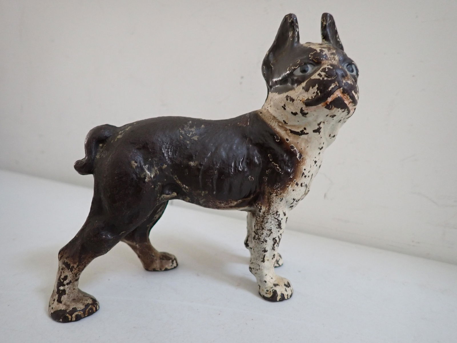 Hubley Cast Iron Boston Terrier Dog: has some paint loss. 5 1/4" high x 5 1/4" wide