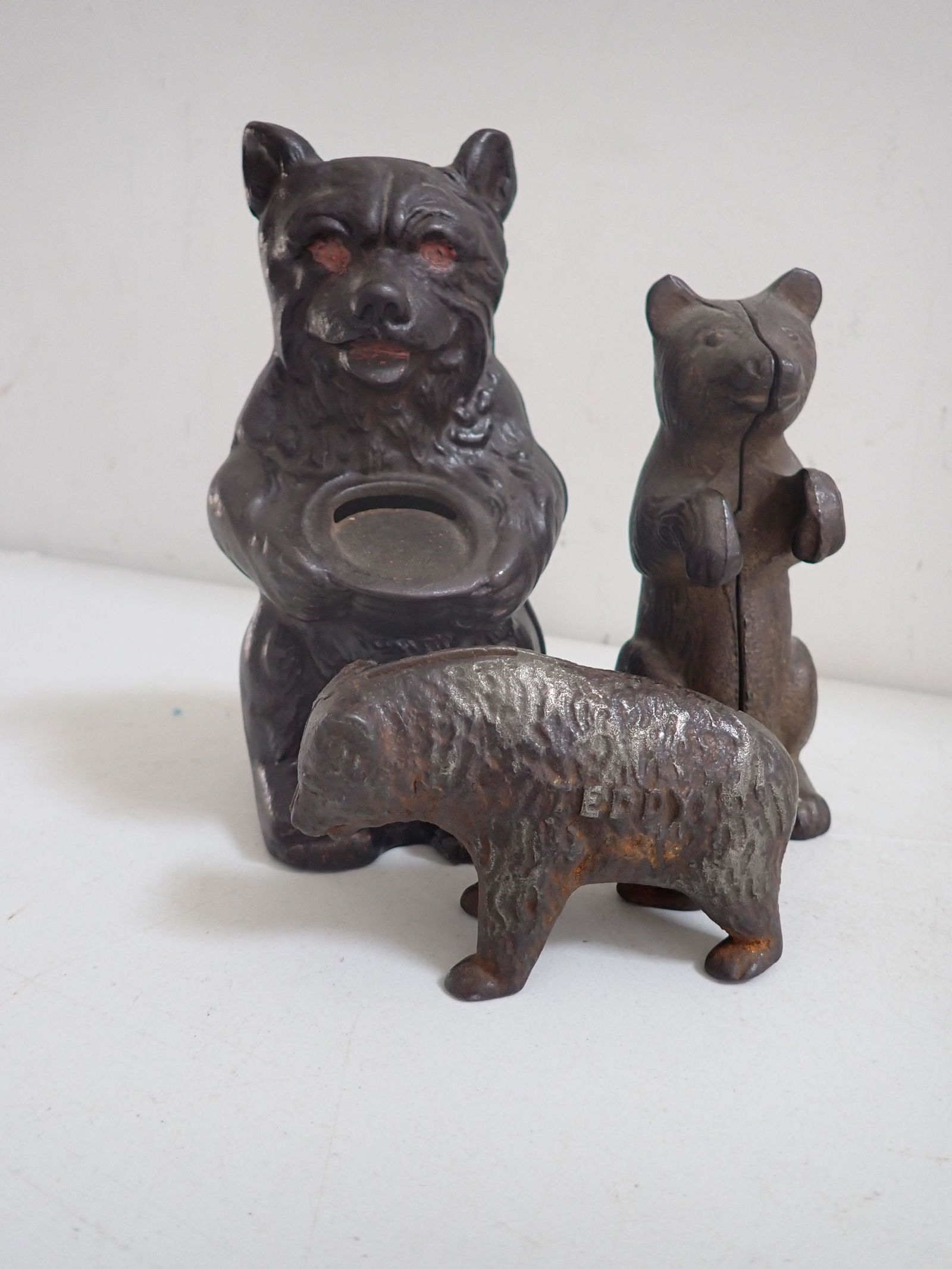 3 Cast Iron Bear Banks - One Marked "Teddy" (1 of 10)