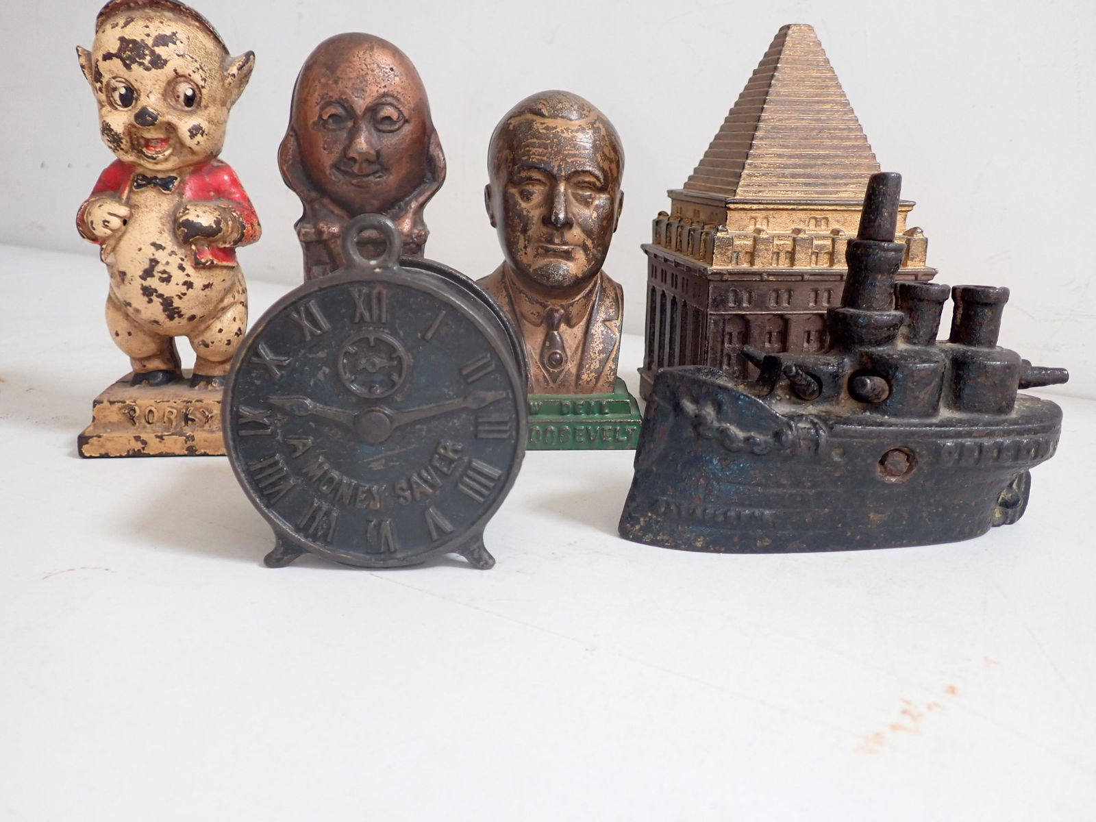 6 Cast Metal Banks. Battleship, Humpty Dumpty, Porky Pig, etc. (1 of 20)