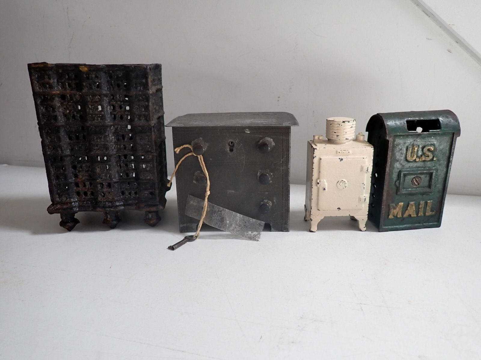 3 Cast Iron and 1 Tin Bank. Building, Refrigerator, Mail Box, etc. (1 of 11)