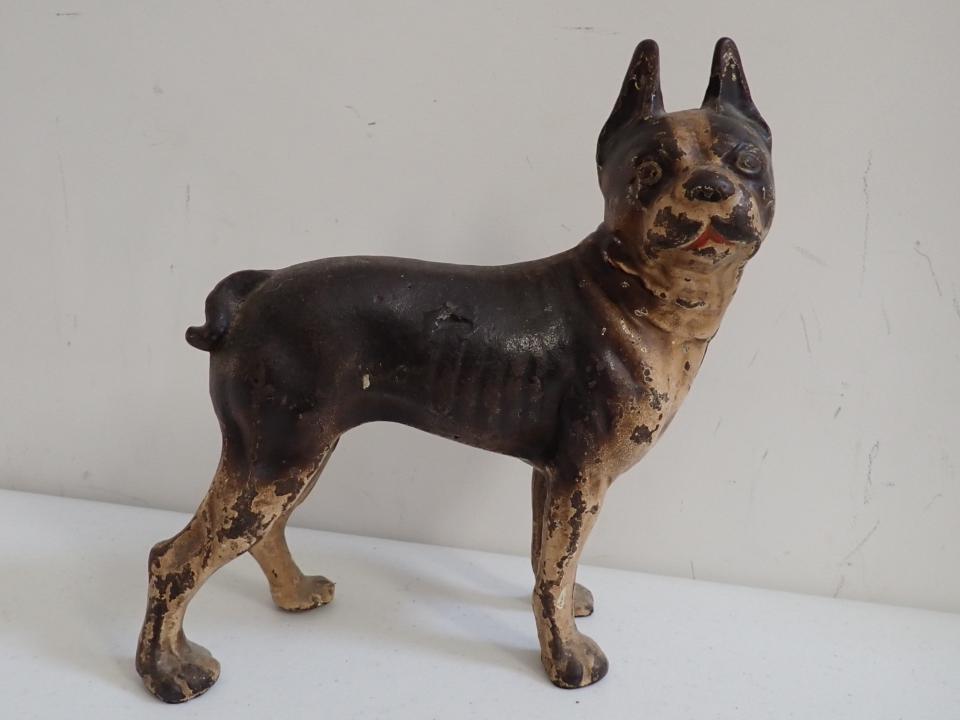 Cast Iron Boston Terrier Dog Door Stop.: 9" Tall, 8" Long. Some paint loss.