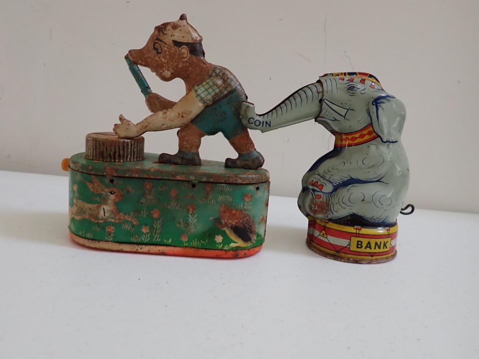2 Tin Banks. Elephant J. Chein & Co. & Woodsman Bank (1 of 16)