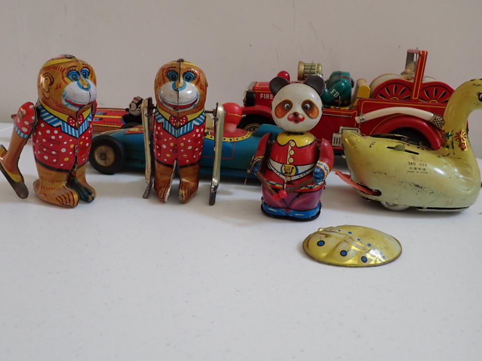 7 Tin Toys. Felix the Sea Cat, Monkeys, Panda, Fire Truck, etc. (1 of 19)