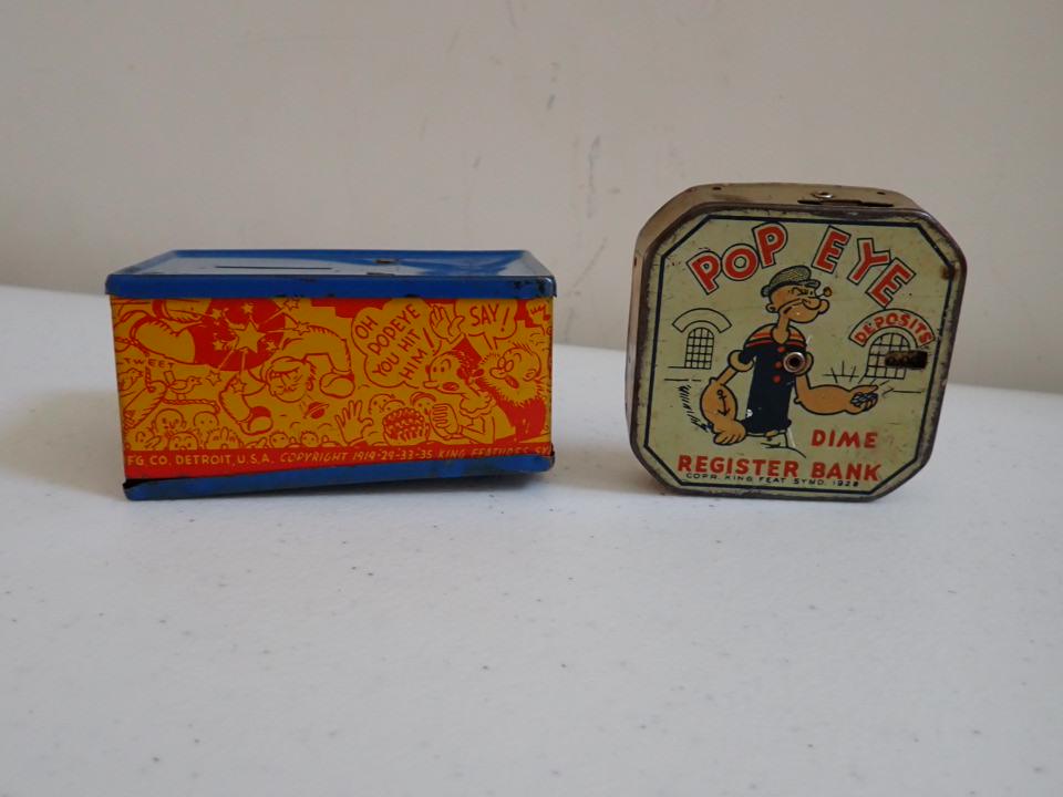 2 Popeye Tin Banks. Copyright 1929 Dime and Knockout Bank (1 of 11)