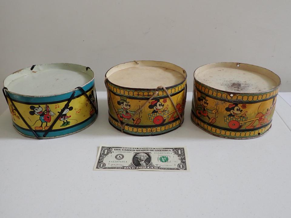 3 Mickey and Minnie Mouse Tin Drums: 7" Diameter and 2 are 6 1/2" diameter. Have some wear