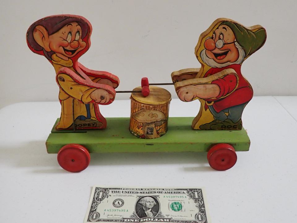 Fisher Price Dopey and Doc Drum Pull Toy No. 770: Works. 12" Little Wear