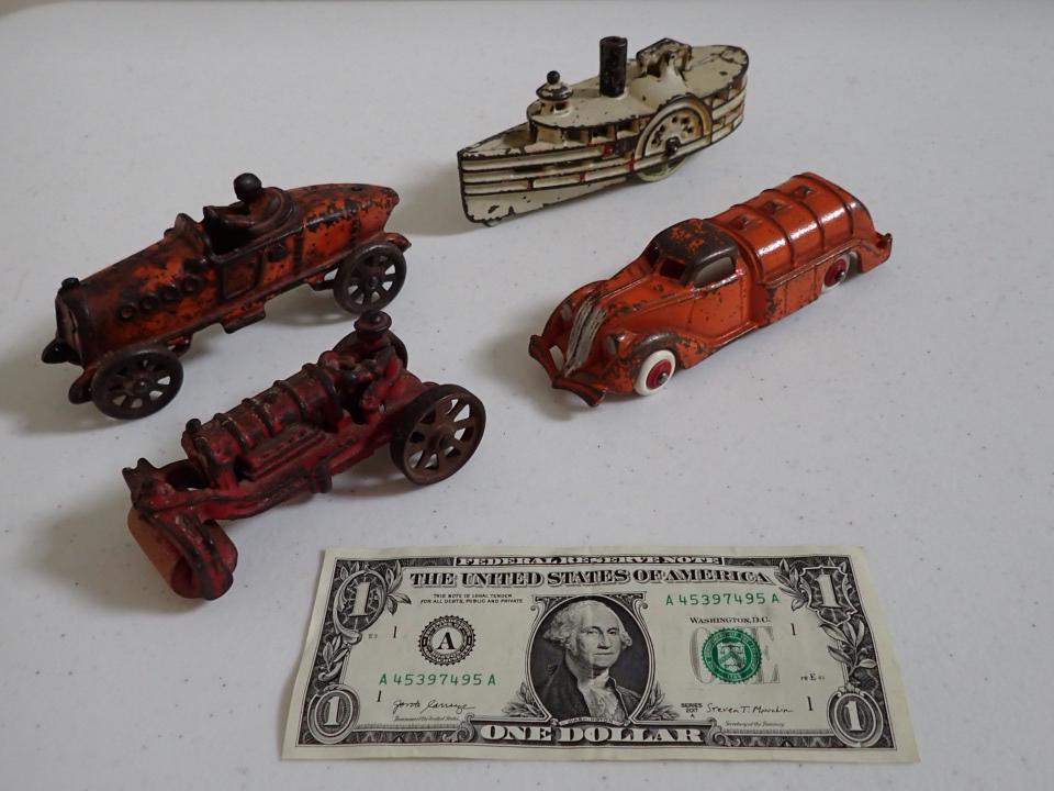 Cast Iron Steam Roller, Race Cars, Steam Boat and Fuel Truck: 4" to 5 1/2"