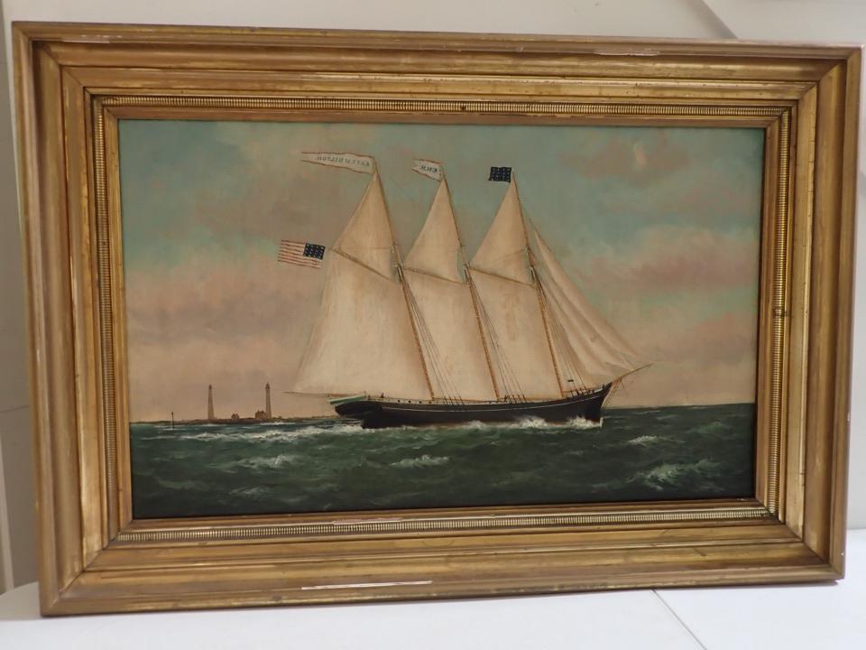 William Stubbs Oil on Canvas Signed Hilton Boston Schooner: Painting of Kate M. Hilton Boston 3 Mast Schooner. Another painting of the same ship is in the Main Maritime Museum - Bath, ME. Frame: 30" x 44". Art: 22" x 36". Had conservation work done by Lyman Al