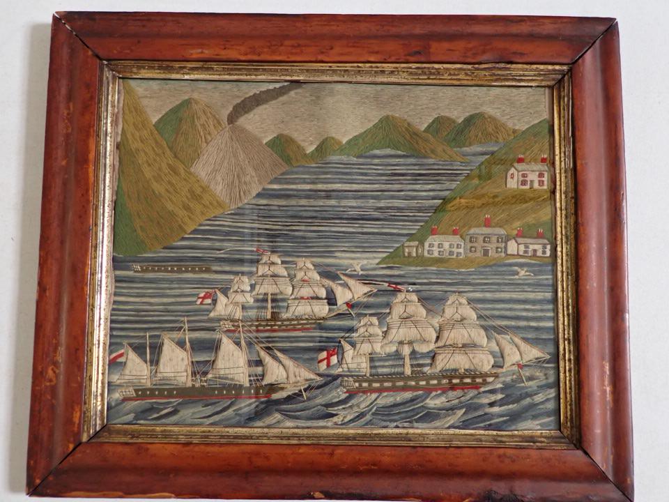 Woolie Folk Art (Embroidery) of 3 Sailing Ships with Houses: See more photos here: https://centralmassauctions.com/sailing-ship-woolie-additional-photos/ Houses in background, hills, birds in flight and finely detailed waves. Highly detailed. Has very small hol