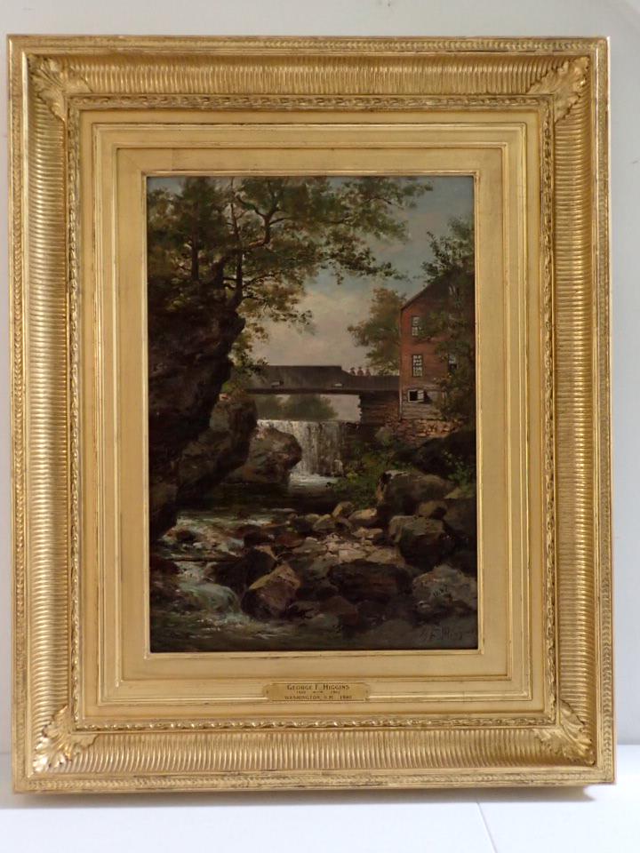 George F. Higgins Oil on Board Mill Scene Washington, NH 1880: Rustic Bridge. George Frank Higgins. George Frank Higgins, (American, fl. 1850-1891), Oil Painting. Mill at Washington, NH 1880". Frame: 30" x 24". Art: 19 3/4" x 13 3/4".George F. Higgins lived in At
