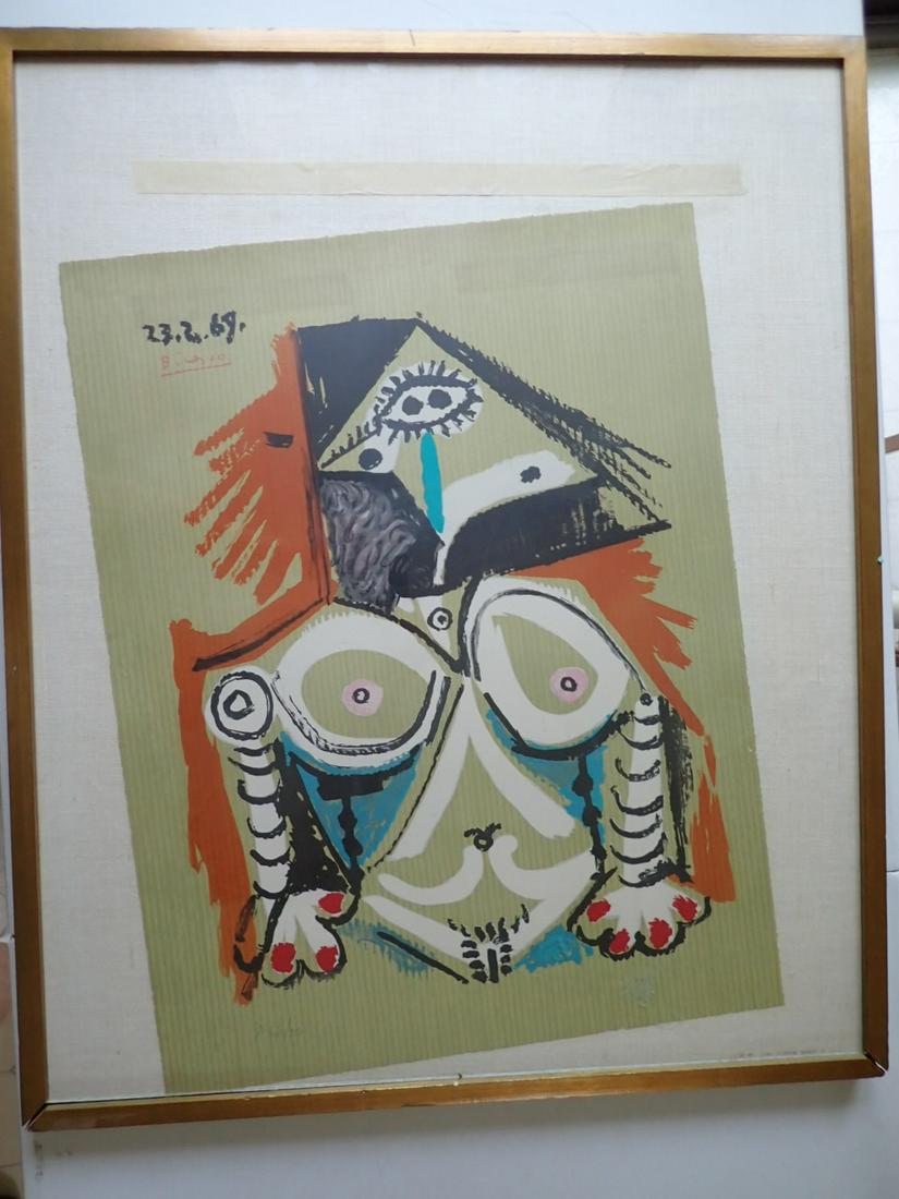 After Picasso Lithograph of Portrait 62/150: Les Portraits Imaginaires by Marcel Salinas. Frame: 33" x 27". Art: 26" x 20". The art has shifted from where it was attached to tape backing.
