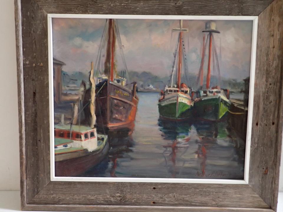 Arthur R. Safford Rockport/Gloucester Artist Harbor O/C: Oil on Canvas Painting on in Distressed Pine Frame. Frame: 27" x 31". Art: 20" x 24".