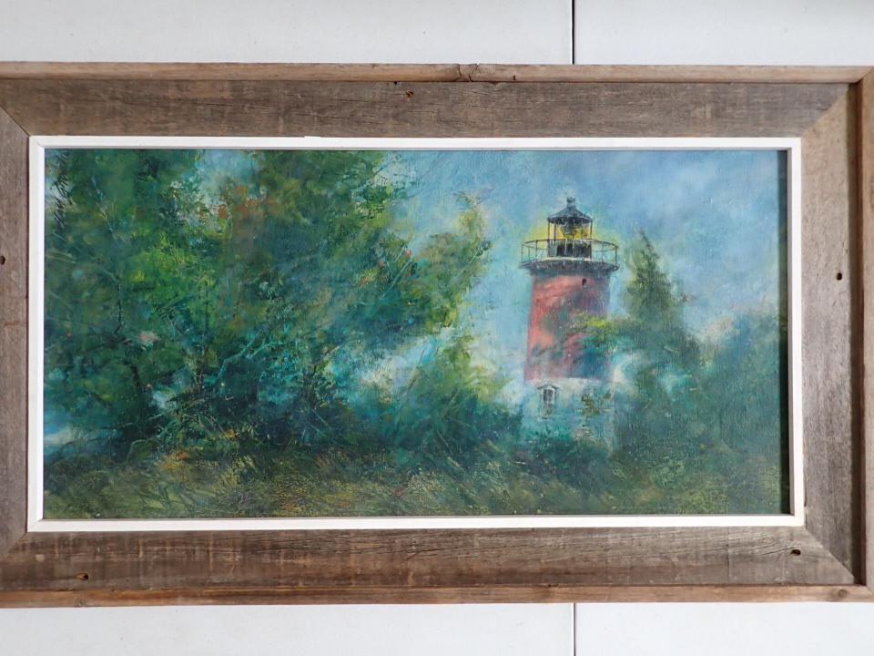 Nauset Light Lighthouse Eastham, MA Cape Cod by Hal Groat Sr.: Oil on Artist Board. Eastham, Massachusetts. In Distressed Pine Frame. Frame: 21" x 36". Art: 15" x 30".