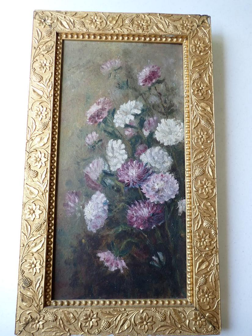 Floral Oil on Artist Board Marked H.E. Wright: Gold Painted Floral Design Frame. Says on back "Russell's Canvas Board Pat.d March 18 1879. Frame: 19" x 11'. Art: 16" x 8"