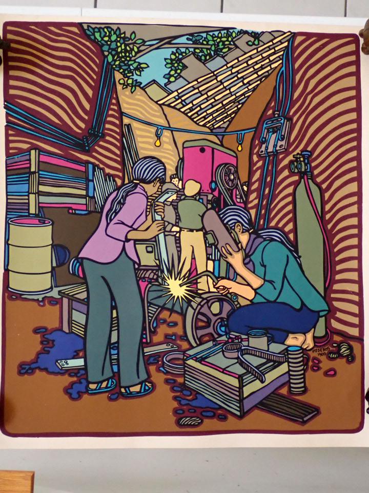 1969 Mederos Cuban Serigraph Machine Shop with Welder: 23" x 21"