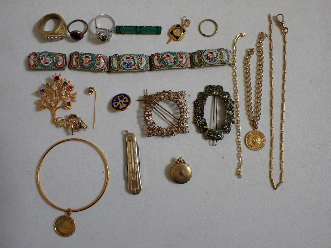 12K Gold Filled Bangle, Charm and Locket & Other Jewelry: Gold Plated, Steel and Sterling Pocket Knife, Rings, Pendant, Cubic Zirconia Tree Pin, Brass and Cubic Zirconia Ring, Micro-mosaic Bracelet Broken, etc.