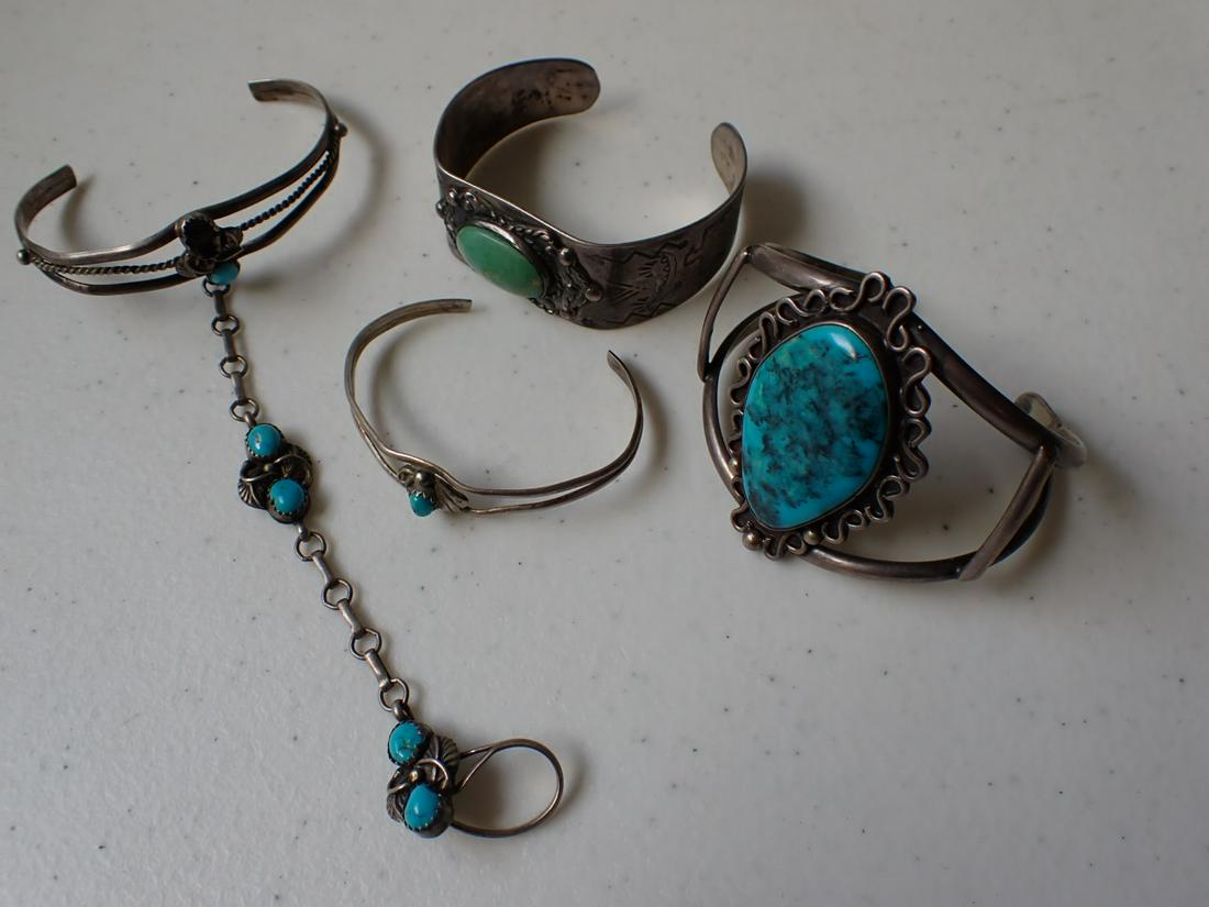 Native American & Turquoise Sterling & Other Bracelets: Southwest Native American & Turquoise Sterling Cuff Bracelet Handmade Marked & Turquoise Colored Stone & Other Sterling & Turquoise Colored Stone Bracelets