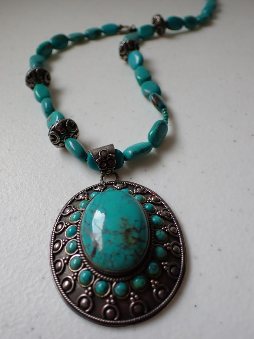 Sterling & Turquoise Necklace and Pendant: Clasp marked 925. Pendant Marked Indonesia 925. 20" Long. Pendant 3" x 2"