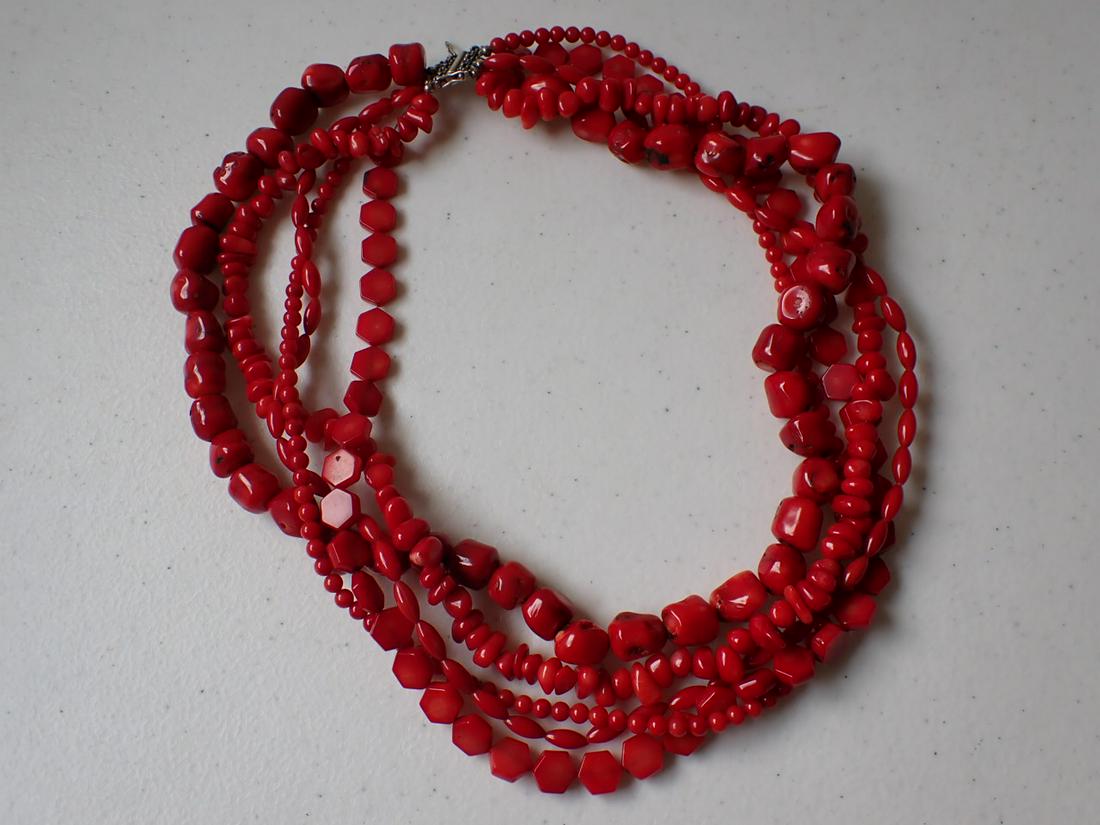 21" 5 Strand Sterling & Coral Beaded Necklace: Clasp to clasp 22". Beads 21". String shows a bit on the hexagon shaped bead strand.