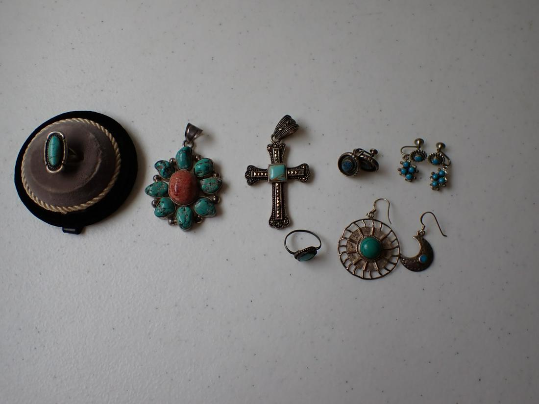 Sterling 925 Turquoise & Coral Pendant, Cross, Earrings & Rings: Includes single earrings too