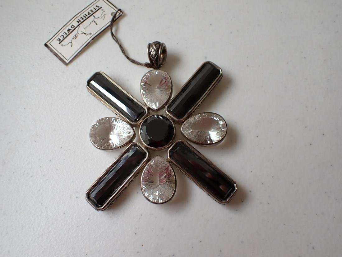 Signed Stephen Dweck Hematite Crystal Sterling Pendant: Faceted Crystal. Engraved Sterling Pendant with Tag. Marked 925 Stephen Dweck. 4" Long xy 3 1/4" wide