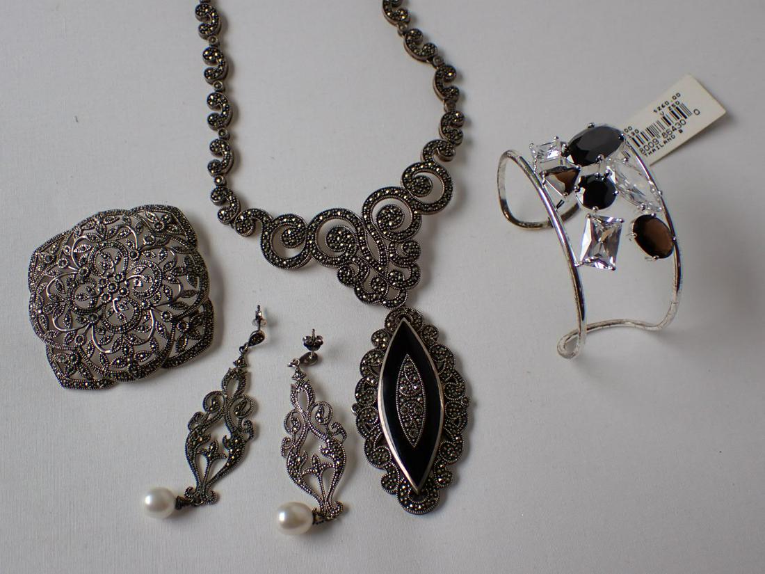 Sterling & Marcasite Jewelry, Sterling & Crystal, Thailand, etc.: Large necklace is approximately 15" across. Pendant is 2 1/2" long and 4" included top piece. See pictures for sterling and other marks. Please see pictures for condition and details
