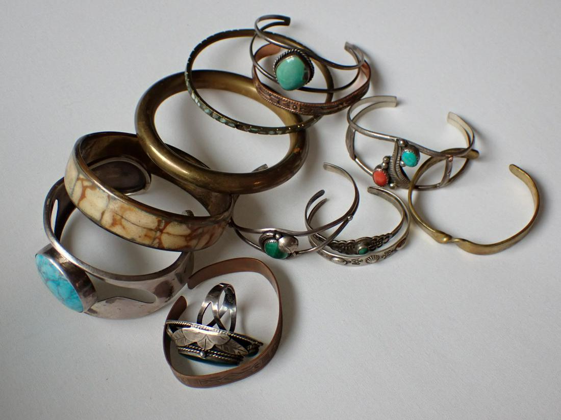 Metal Base Unmarked Silver Turquoise, Malachite, Coral Cuff: Bracelets & Copper and Brass