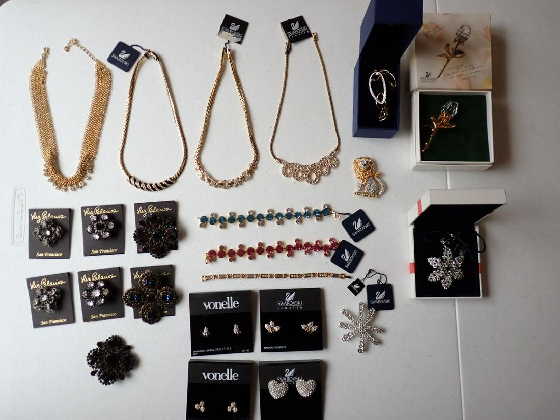 Swarovski Crystal Lion Pin, Necklaces, Bracelets, Earrings, etc.: 7 Signed Liz Palacious Pins (6 on cards) made with Crystals from Swavorski, 2 Vonelle pairs of Earrings on Cards, 2 Pairs of Heart Earrings, Holly Earrings, Snowflake Necklace in Box, Bracelet with Bo