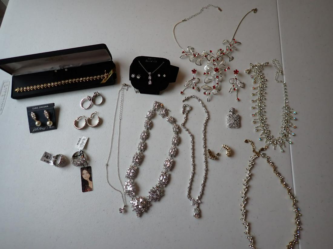 Cubic Zirconia, White Crystal & Other Jewelry: Cubic Zirconia Bracelet, Necklace and Earrings, Earrings by Sophia Vergara metal and White Crystal Ring, Stainless and White Crystal Dome Ring Size 8, Unmarked Chokers, Necklaces, Earrings, Rings etc.