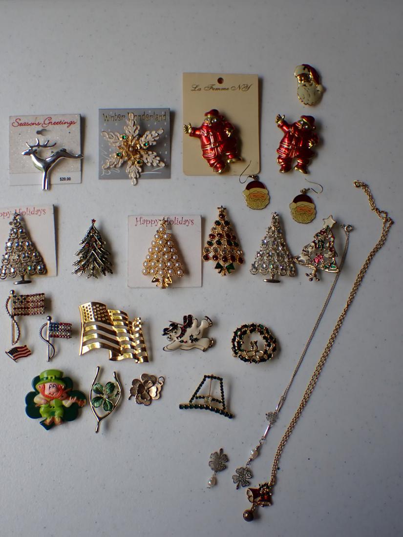 14K GE, Enamel & Other Christmas Tree Pins & Holiday Jewelry: St. Patrick's Day Four Leaf Clover, Flags etc.