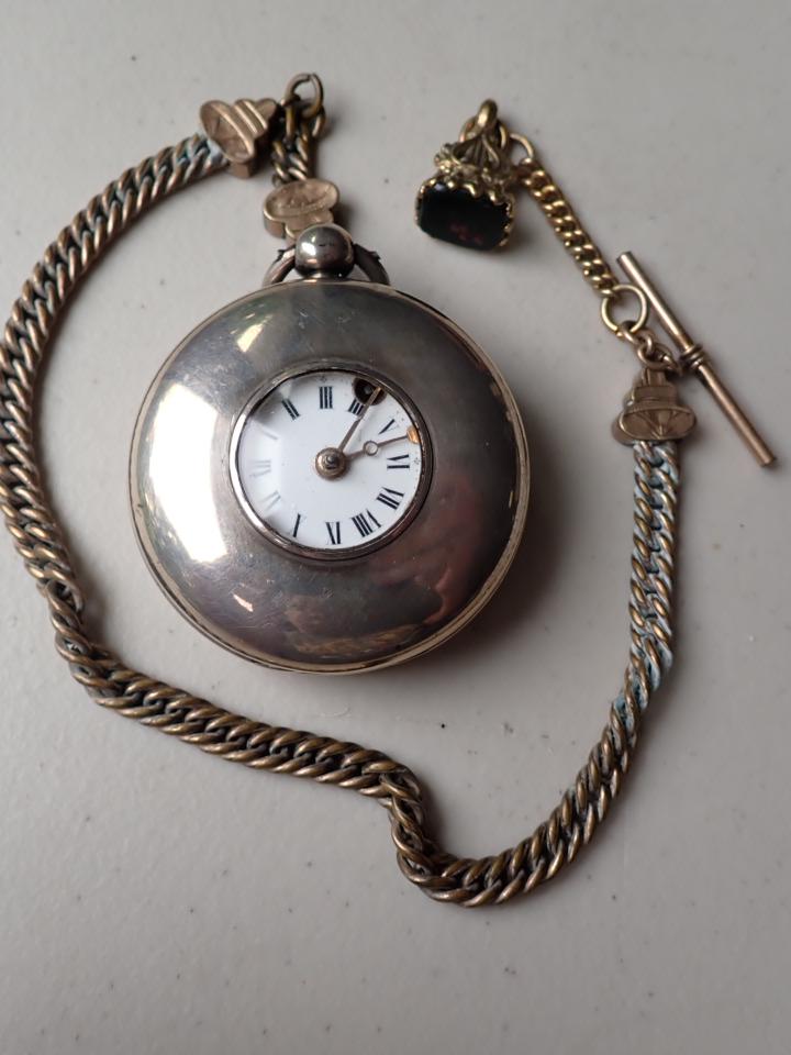 Ja. Alling Dunmow #1611 Silver Pocket Watch: Has 14" Gold Filled chain with Engraved Stone and 2 Keys. Has Larger numbers on dial and smaller Roman numerals visible when case is closed - Wheel sticks