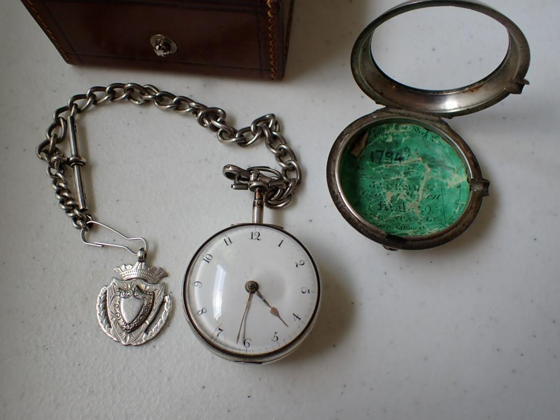 Edw Petrs Sheffieto # 367S. English Silver Pocket Watch.: Has original Paper label marked 1794. Has chain with crest. Minor Wear. Overall good Condition. No Key. Tested and runs for over 30 seconds.