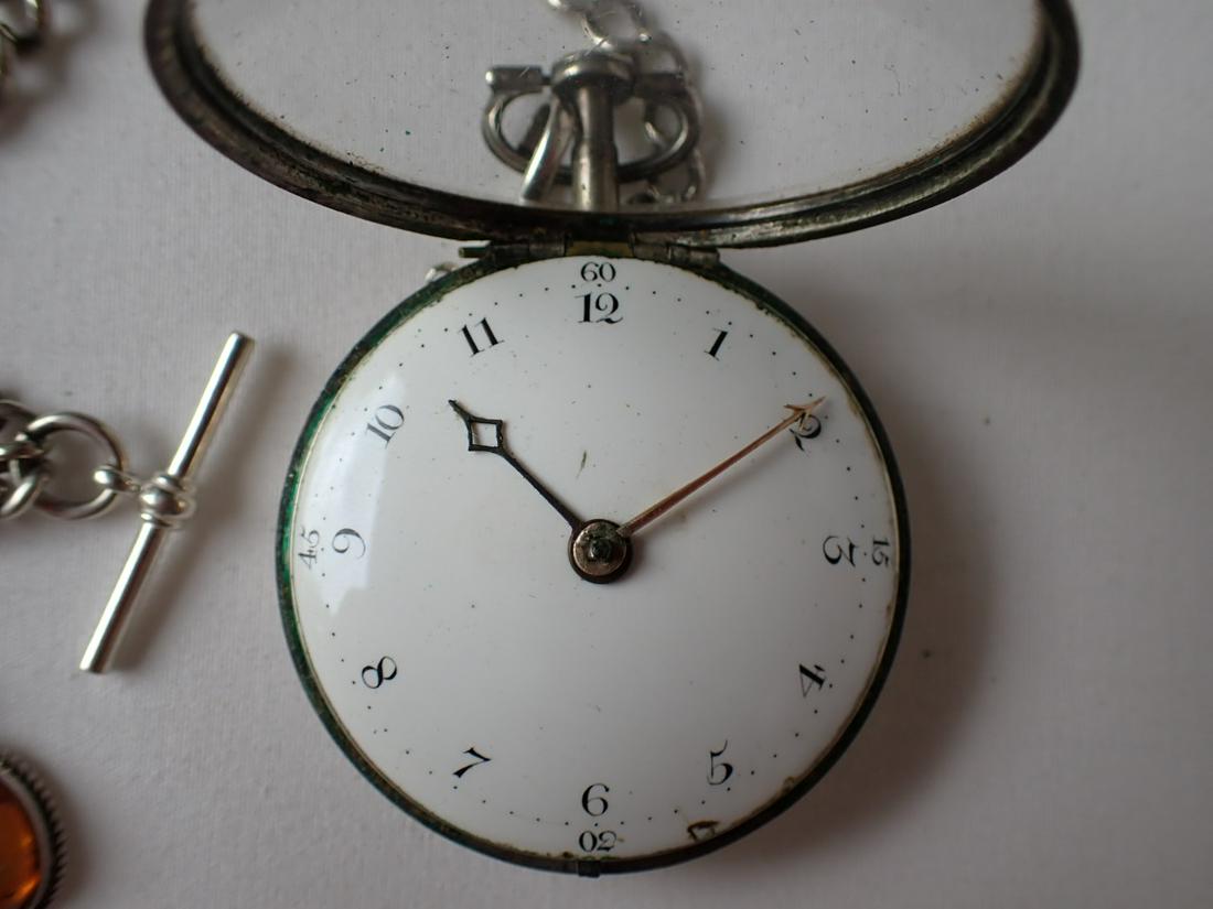 English Silver Pocket Watch with Chain with Stone and Key: Paper Label. Case doesn't close.