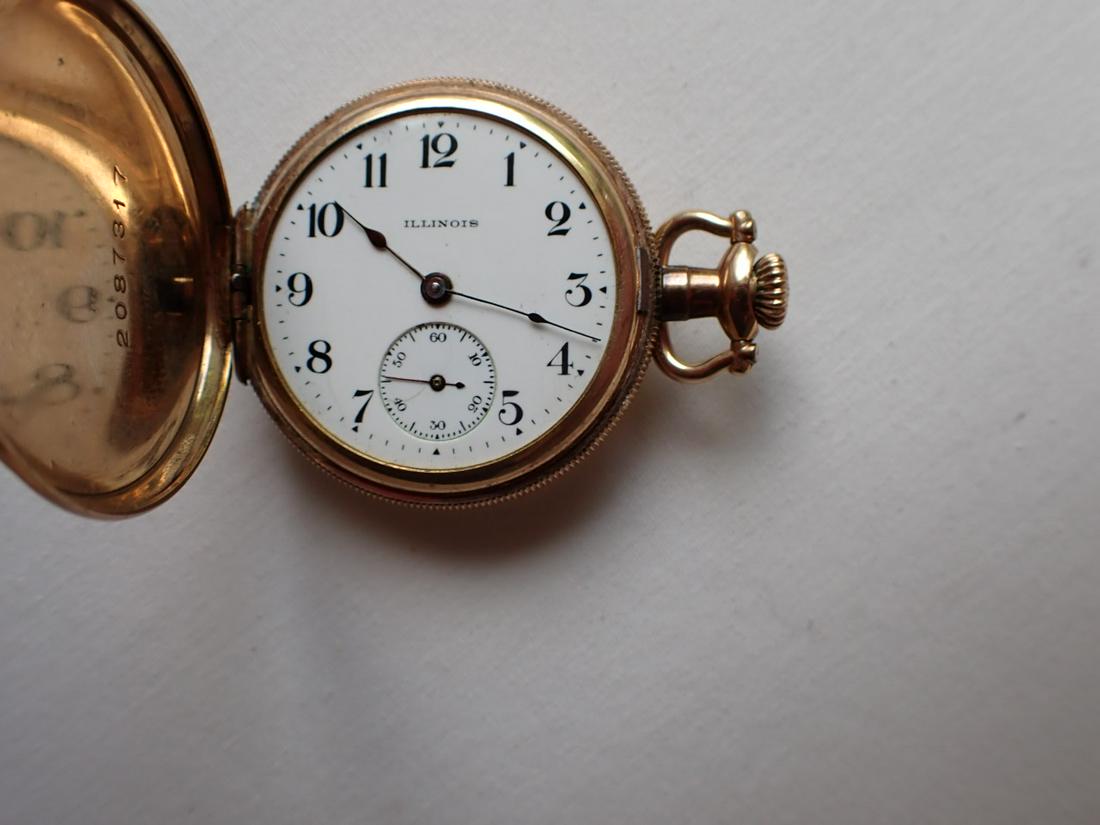 Illinois Watch Co. 11 Jewel Woman's Pocket Watch: Gold Plated with Chain and Slide. Slide is gold plated with seed pearls.