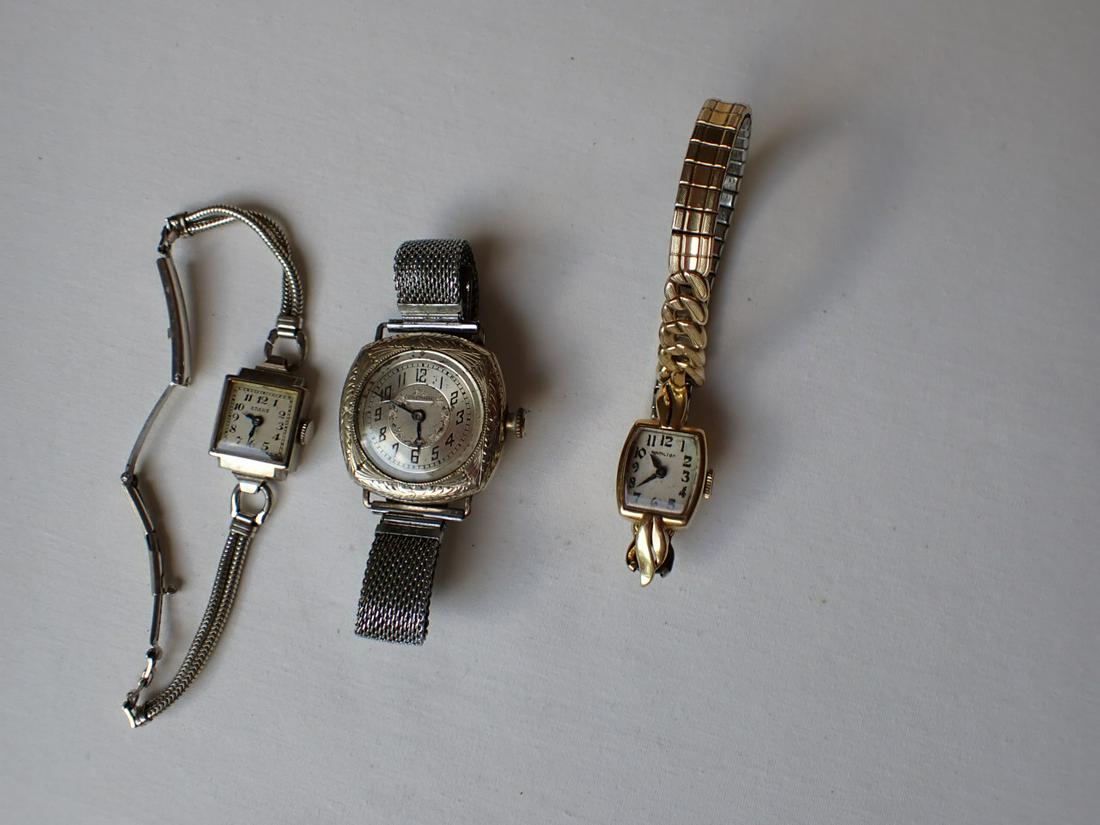 3 Vintage Wristwatches - Hamilton, Adams & Waltham: 3 wristwatches, Hamilton gold plated Woman's wristwatch. Engraved with Initials and 1947 on reverse, Vintage Adams woman's wristwatch and Waltham Vintage Men's Wristwatch.