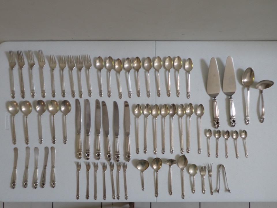 International Sterling Royal Danish Flatware Set 67 Pieces: Flatware and Serving Pieces. 4 Dinner Forks, 5 Lunch forks, 10 teaspoons, 5 soup spoons, 6 knives, 5 butter knives, 7 hors d'ouvres forks, 5 demitasse spoons, 8 iced teaspoons, baby fork and spoon and