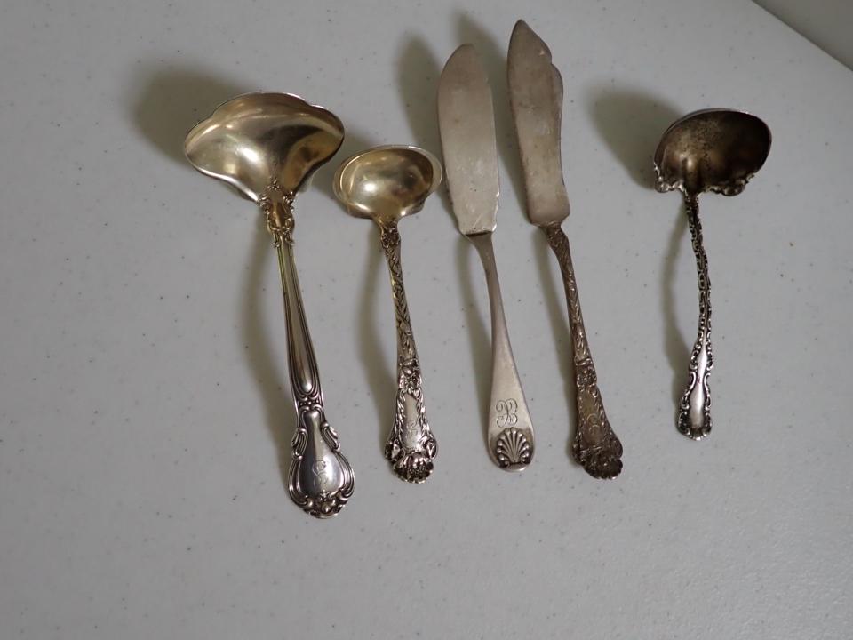Sterling Ladles and 2 Serving Knives marked Sterling: All Monogrammed 3.8 troy ounces excludes Knives