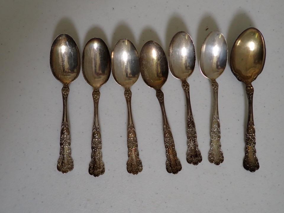 Gorham Buttercup Spoons - 6 Teaspoons & Serving Spoon, etc.: Gold Washed Serving Spoon. Monogrammed. Serving Spoon Engraved 1906 on Reverse. 5.0 troy ounces.