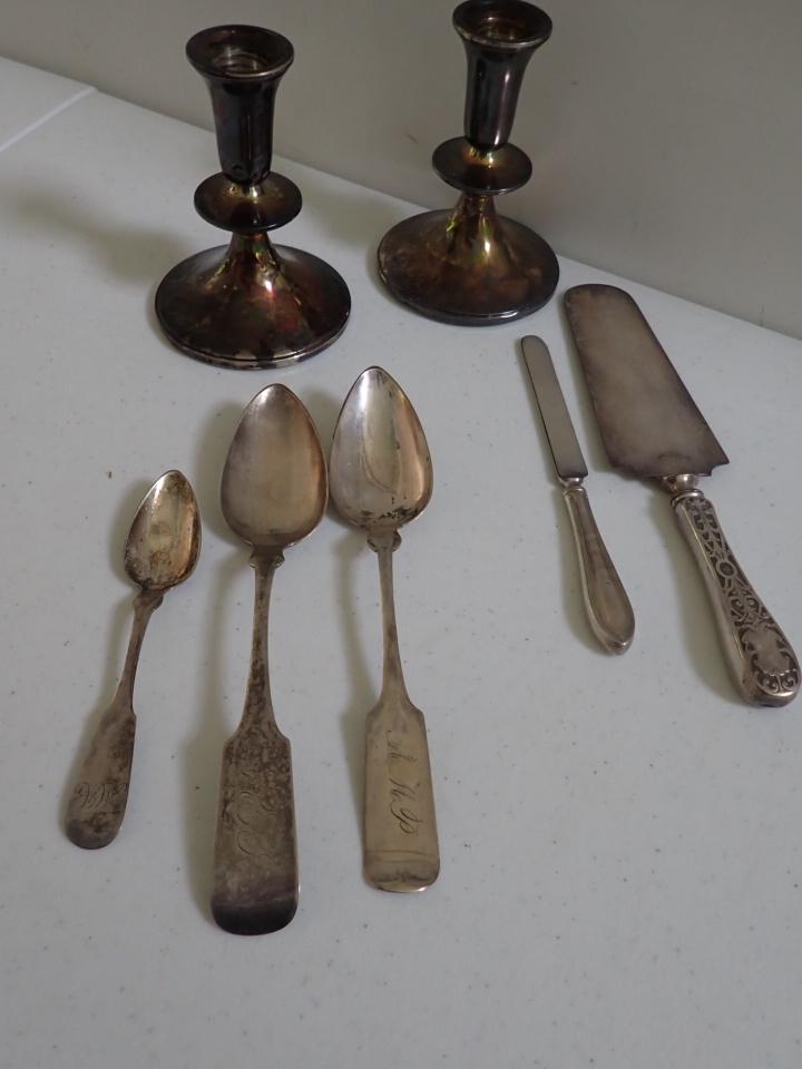 Weighted Sterling Candle Holders, Sterling Handled Knife, etc.: Coin Silver Teaspoon, 2 Antique Serving Spoons and Small Butter Knife. Candle Holders are 5" 1.9 troy ounces - spoons only